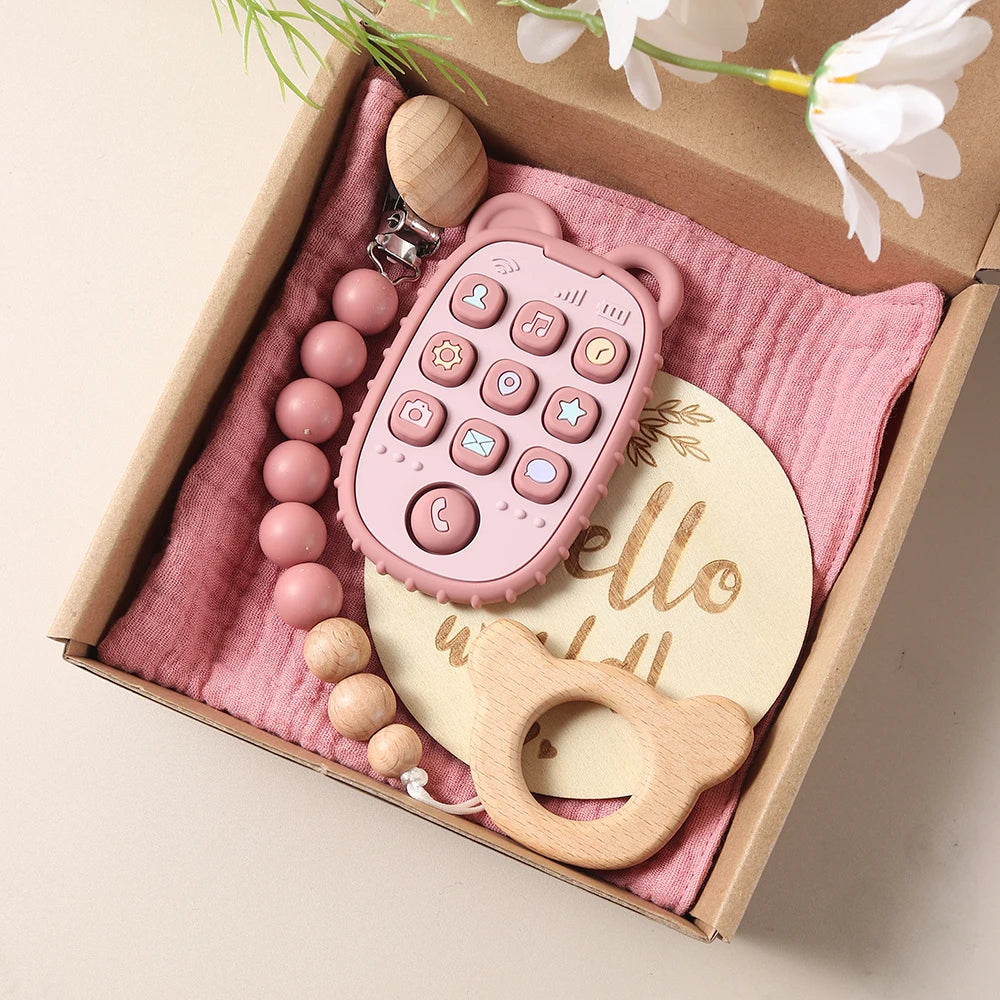 Baby giftset – telefoon bijtring, speenkoord & slabbetje – kraamcadeau in geschenkdoos