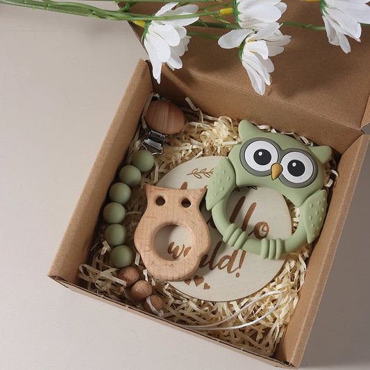 Baby giftset – bijtring uil, speenkoord & mijlpaalkaart – kraamcadeau in geschenkdoos