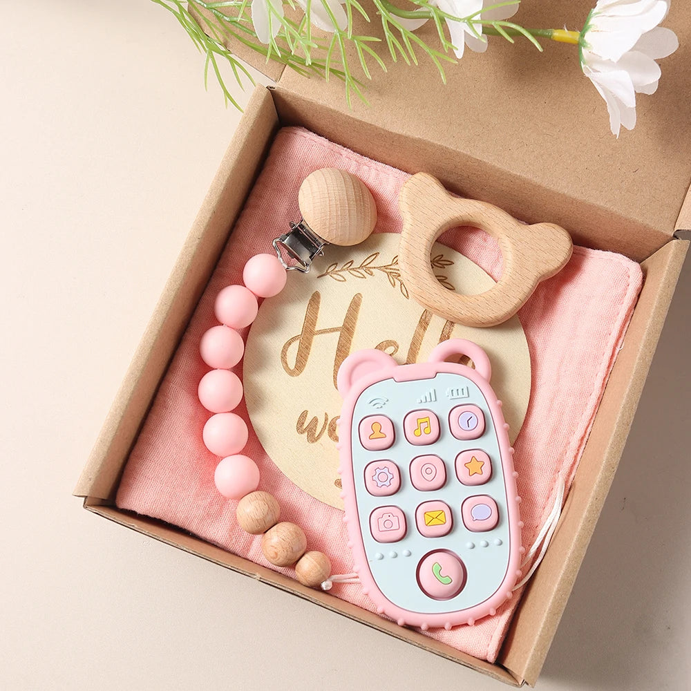 Baby giftset – telefoon bijtring, speenkoord & slabbetje – kraamcadeau in geschenkdoos
