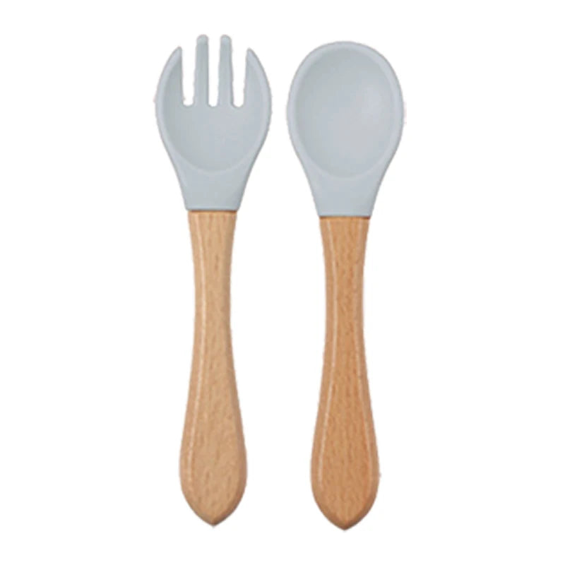 Baby siliconen eetset – bord, kom, houten lepel & vork – BPA-vrij & antislip