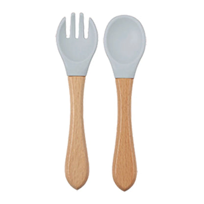 Baby siliconen eetset – bord, kom, houten lepel & vork – BPA-vrij & antislip