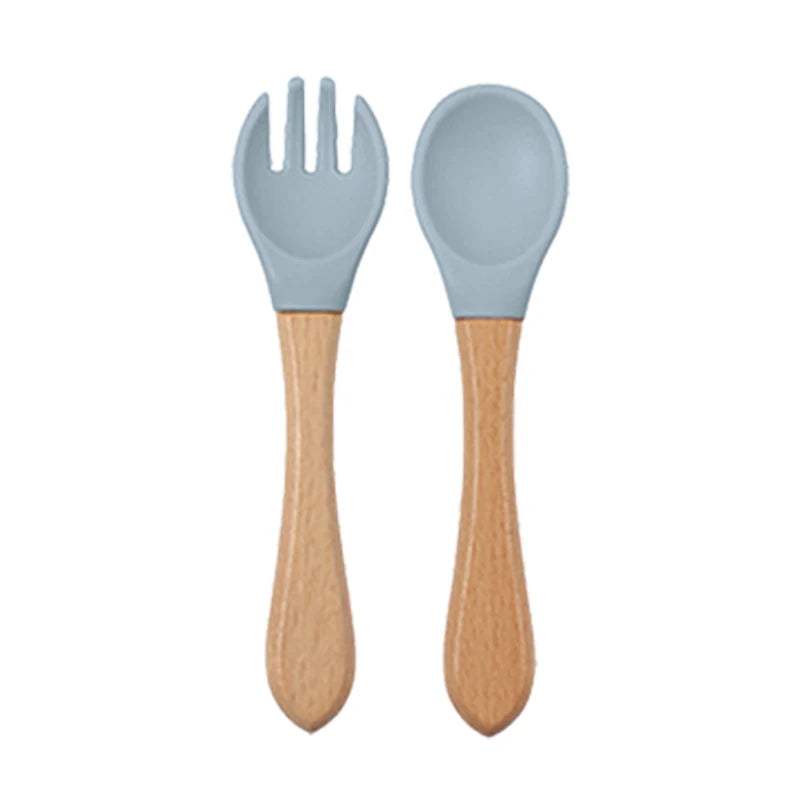 Baby siliconen eetset – bord, kom, houten lepel & vork – BPA-vrij & antislip