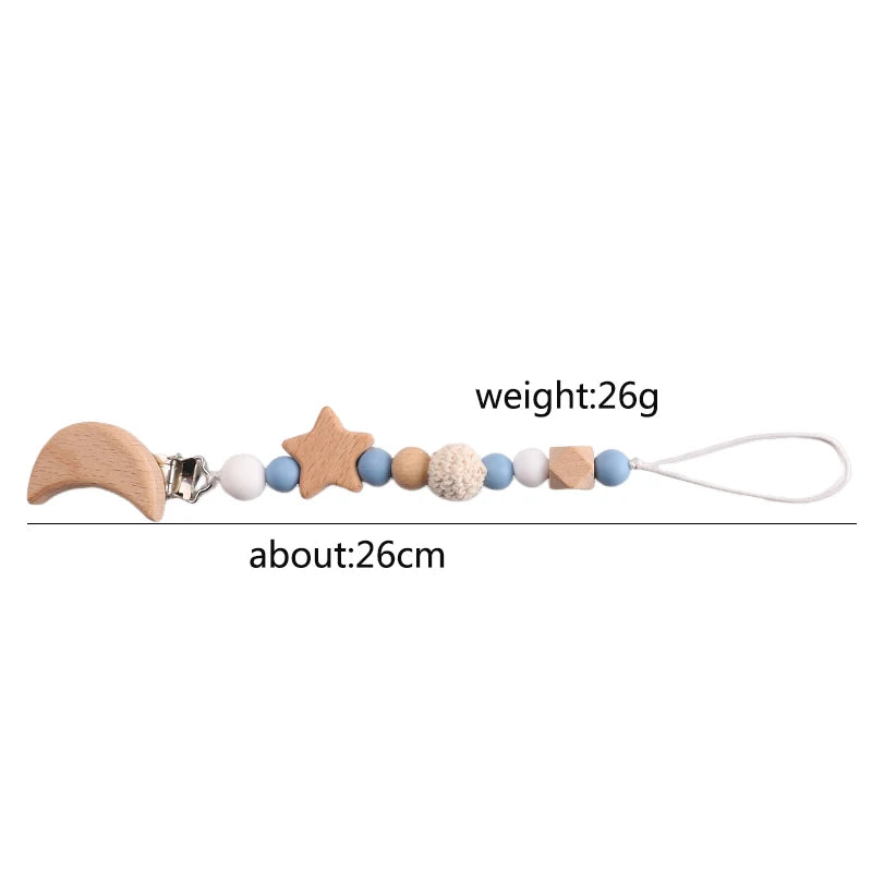 Houten speenkoord met gehaakte kralen & maanclip – handgemaakt & veilig – baby bijtspeeltje