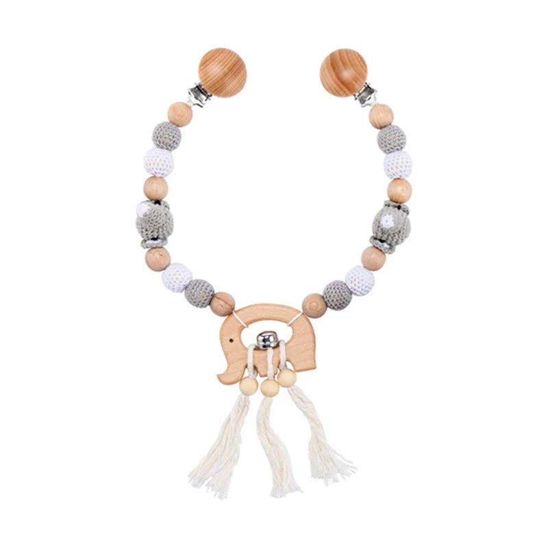 Kinderwagenketting met gehaakte kralen – houten rammelaar & bijtspeeltje voor speelgym & wieg