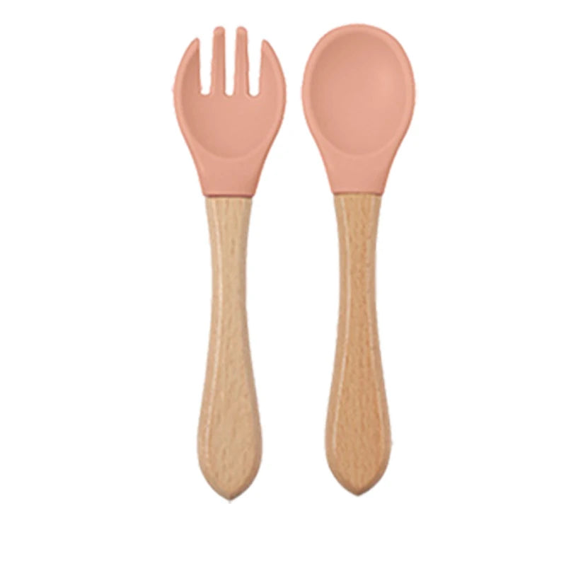 Baby siliconen eetset – bord, kom, houten lepel & vork – BPA-vrij & antislip