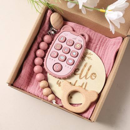 Baby giftset – telefoon bijtring, speenkoord & slabbetje – kraamcadeau in geschenkdoos