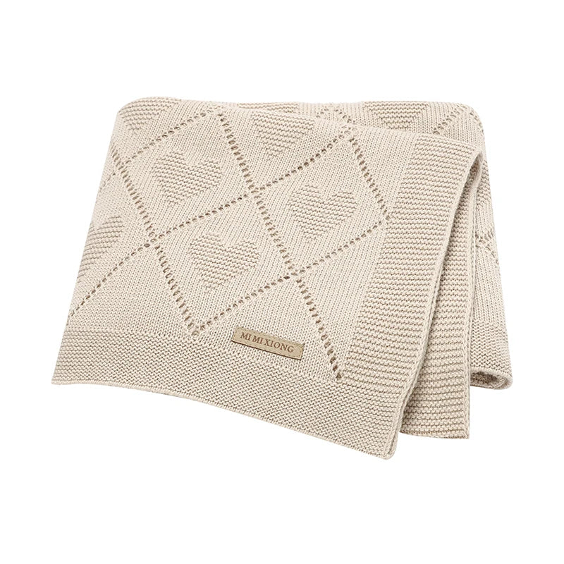 Gebreide babydeken katoen met hartjes – 90x70 cm – voor wieg, kinderwagen & swaddle
