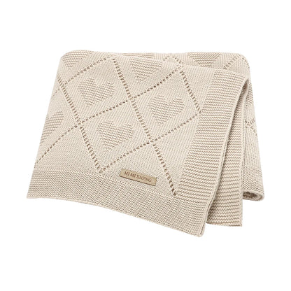 Gebreide babydeken katoen met hartjes – 90x70 cm – voor wieg, kinderwagen & swaddle