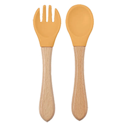 Baby siliconen eetset – bord, kom, houten lepel & vork – BPA-vrij & antislip