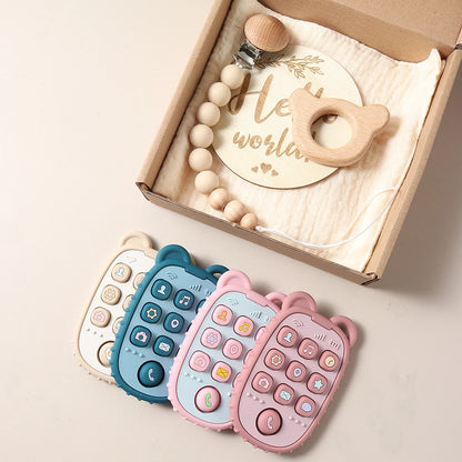 Baby giftset – telefoon bijtring, speenkoord & slabbetje – kraamcadeau in geschenkdoos