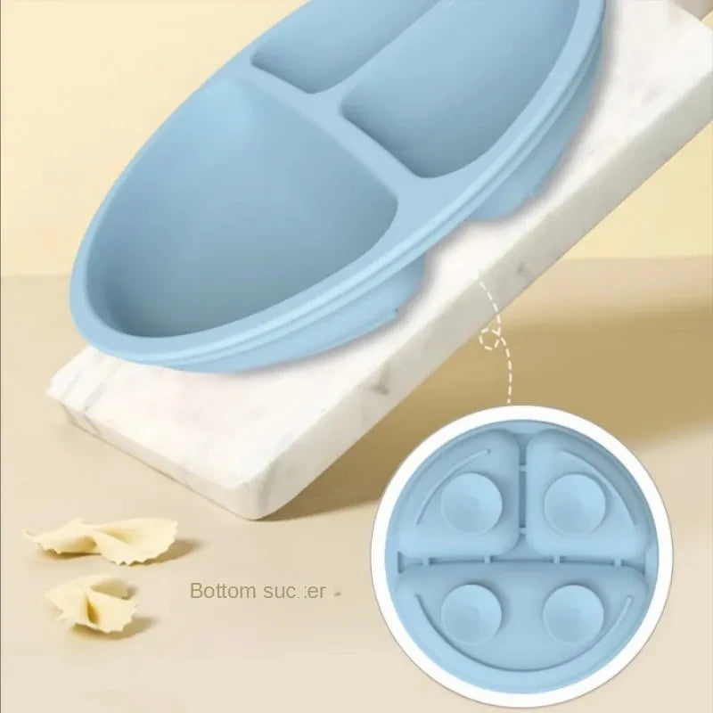 Baby siliconen eetset – bord, kom, houten lepel & vork – BPA-vrij & antislip