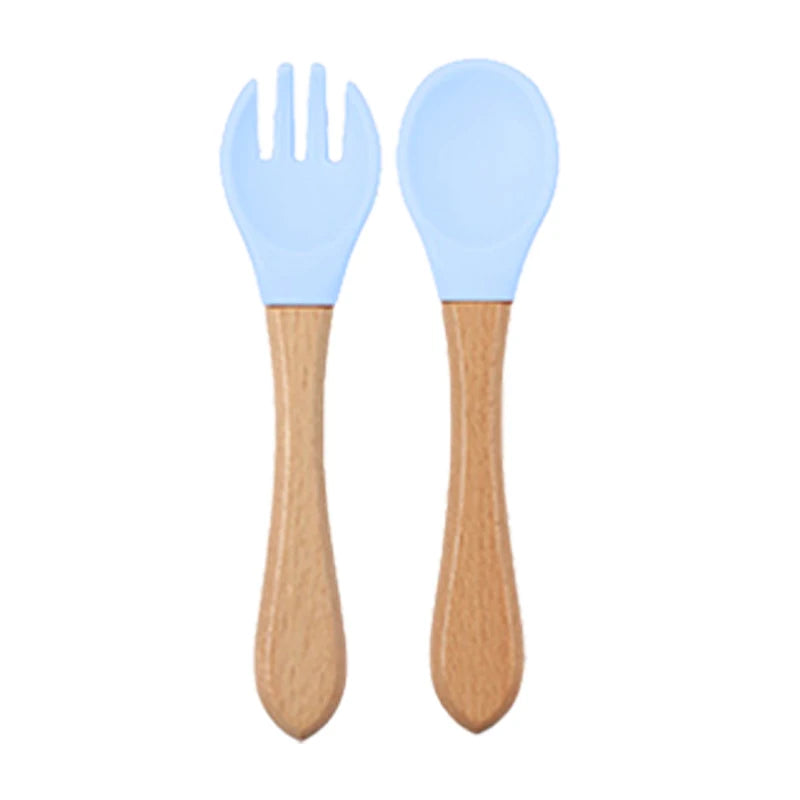 Baby siliconen eetset – bord, kom, houten lepel & vork – BPA-vrij & antislip