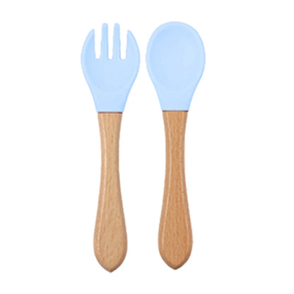 Baby siliconen eetset – bord, kom, houten lepel & vork – BPA-vrij & antislip