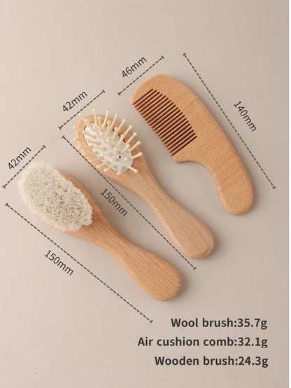 Baby giftset – haarverzorgingsset met kam, borstel & luchtkussenborstel – natuurlijk beukenhout & wol - kraamcadeau in geschenkdoos