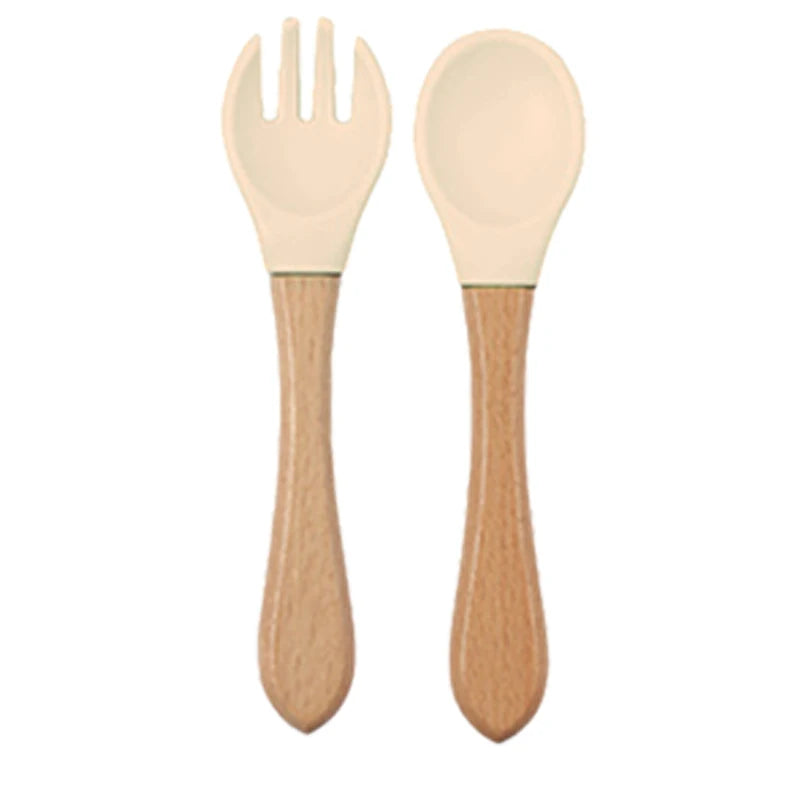 Baby siliconen eetset – bord, kom, houten lepel & vork – BPA-vrij & antislip