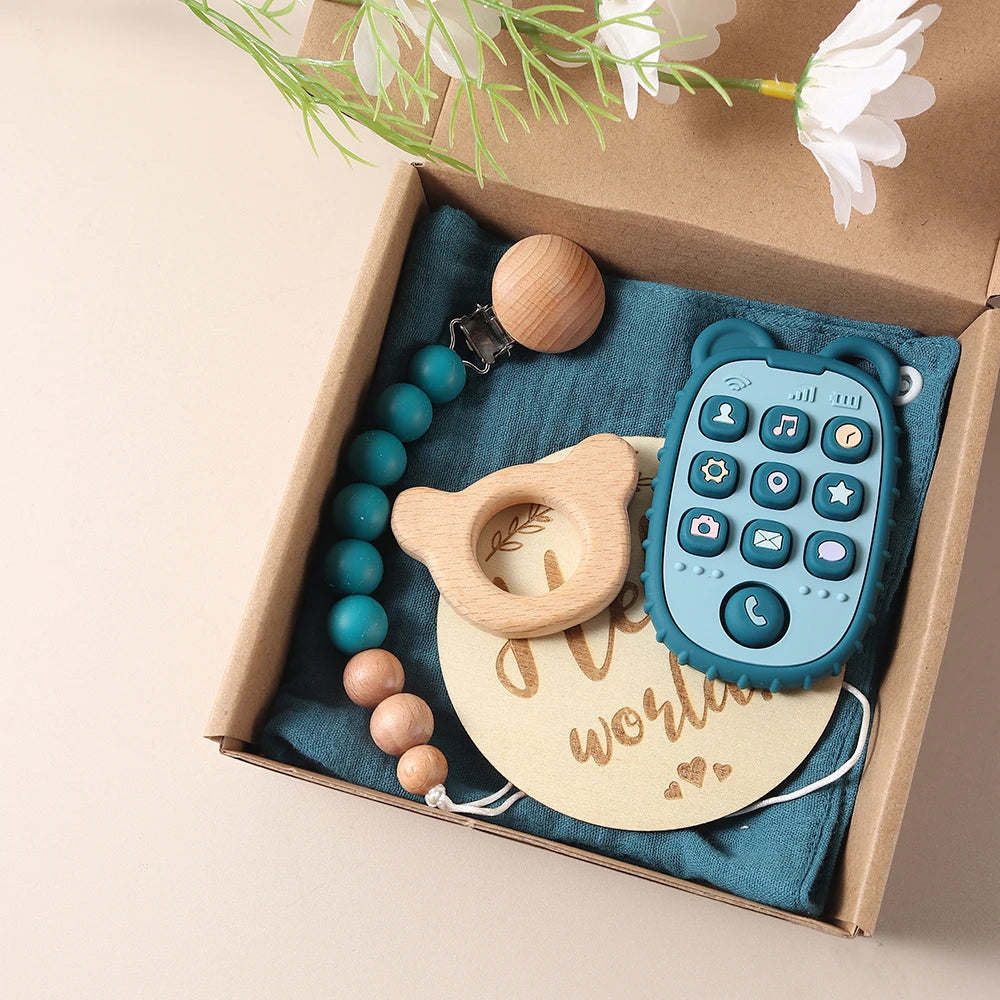 Baby giftset – telefoon bijtring, speenkoord & slabbetje – kraamcadeau in geschenkdoos