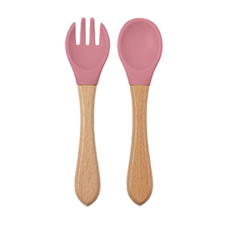 Baby siliconen eetset – bord, kom, houten lepel & vork – BPA-vrij & antislip