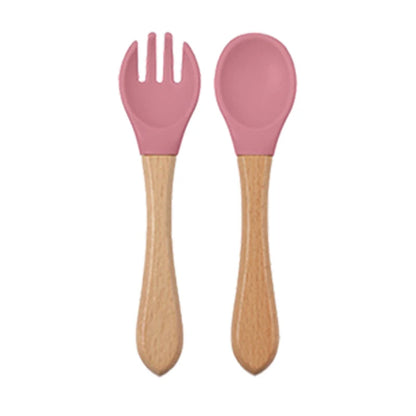 Baby siliconen eetset – bord, kom, houten lepel & vork – BPA-vrij & antislip