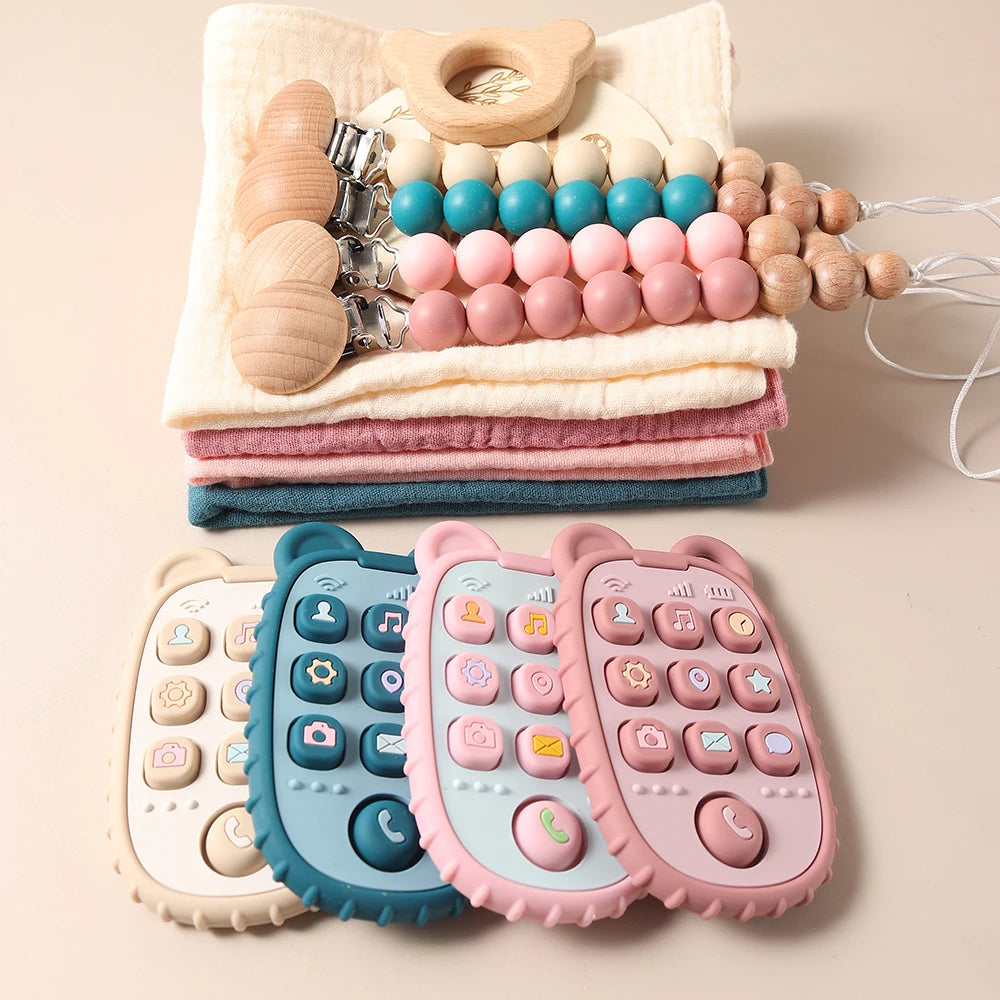 Baby giftset – telefoon bijtring, speenkoord & slabbetje – kraamcadeau in geschenkdoos