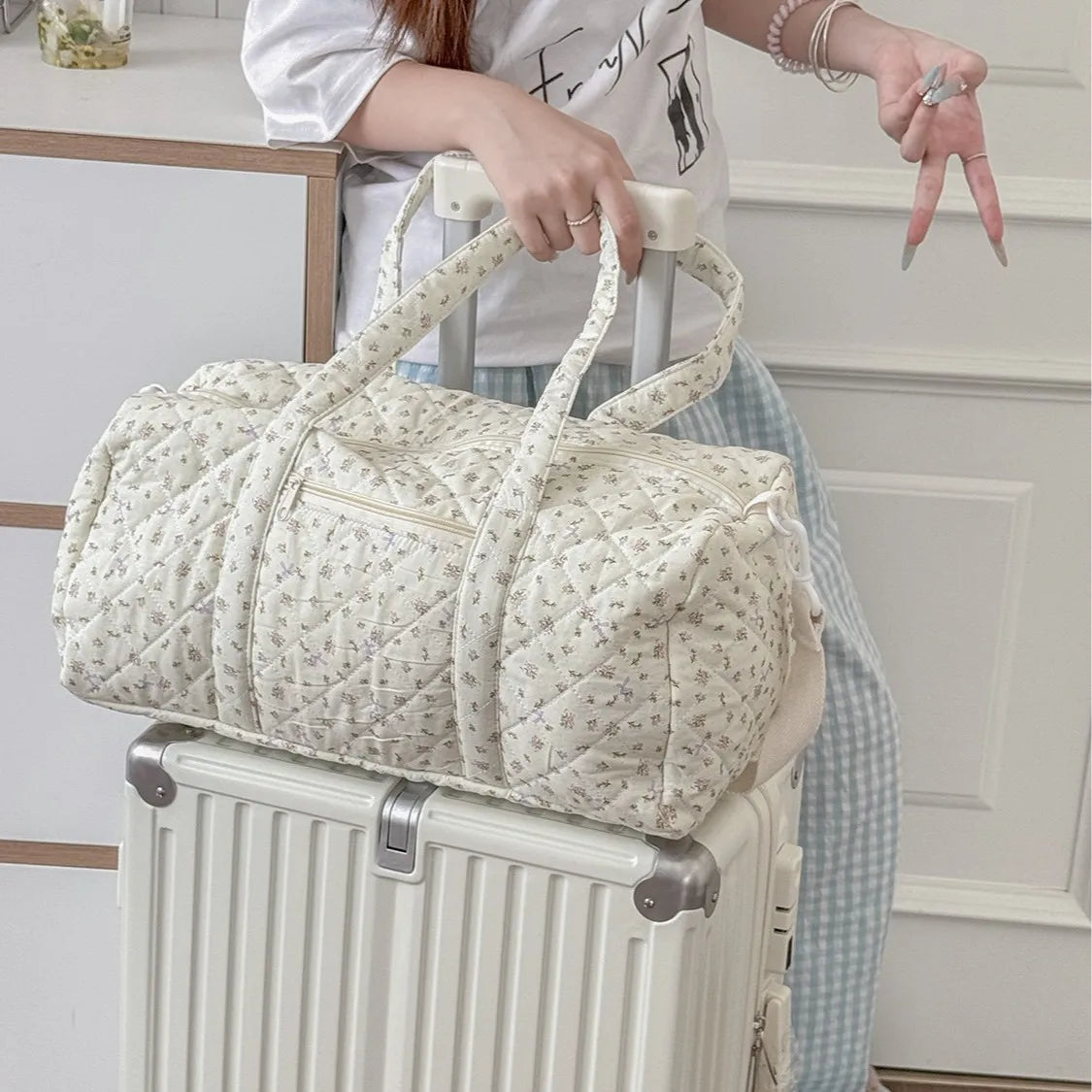 Gewatteerde katoenen mommy travel bag – 40x27x22 cm – grote capaciteit – bloemenprint & crossbody