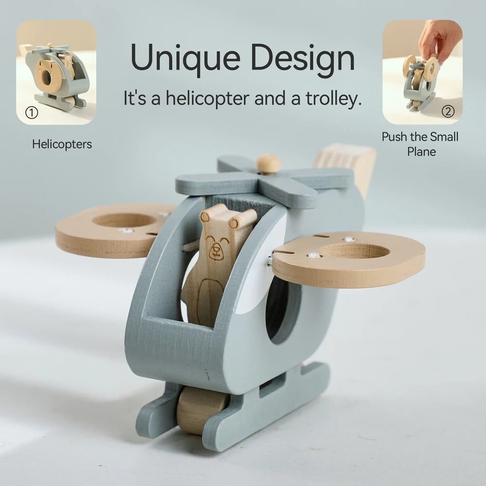 Houten voertuigen – vliegtuig, helikopter, bus & boot – verschillende designs