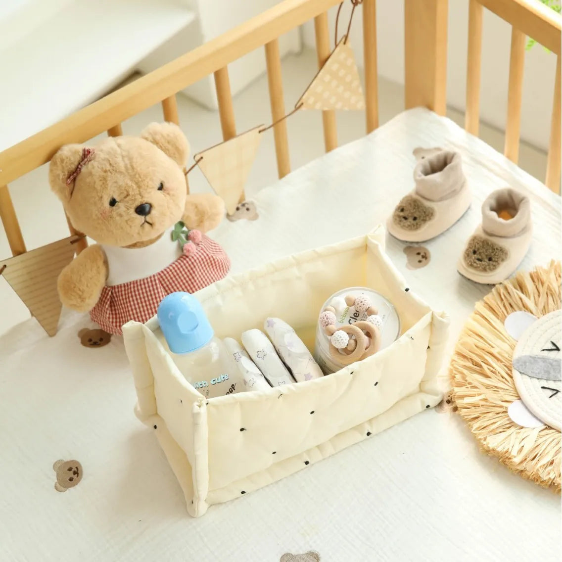 Katoenen opbergmand met bloemenprint – gewatteerd – multifunctioneel voor luiers, verzorging