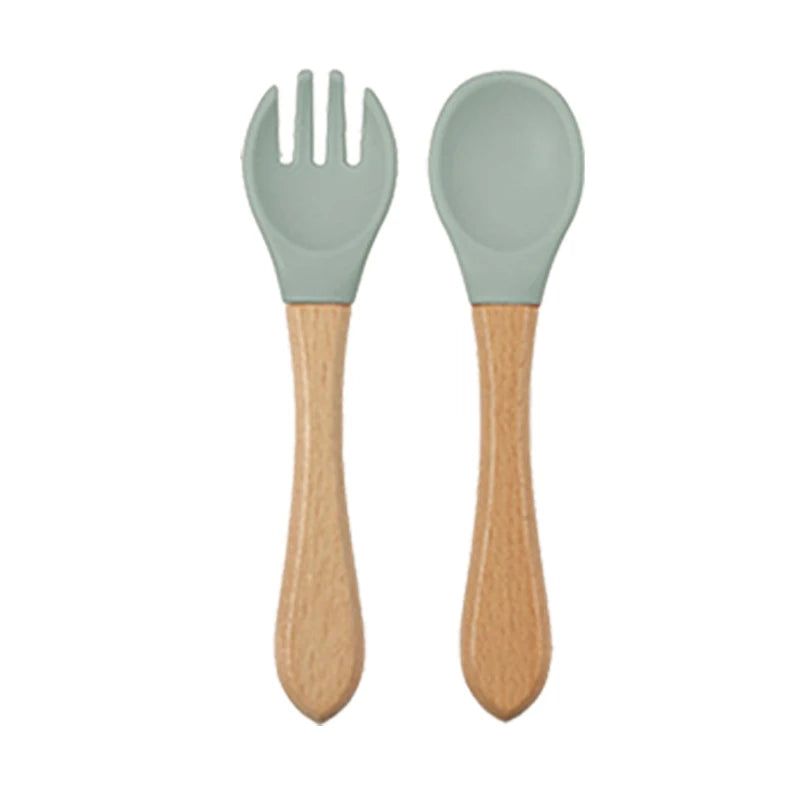 Baby siliconen eetset – bord, kom, houten lepel & vork – BPA-vrij & antislip