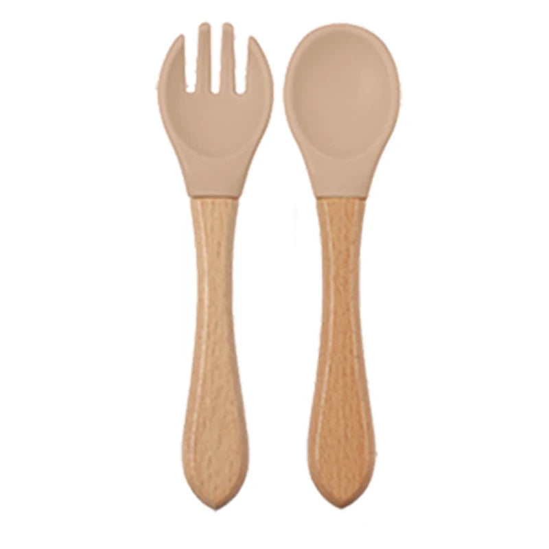 Baby siliconen eetset – bord, kom, houten lepel & vork – BPA-vrij & antislip