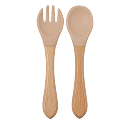 Baby siliconen eetset – bord, kom, houten lepel & vork – BPA-vrij & antislip